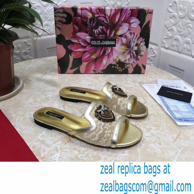 Dolce  &  Gabbana Lace Sliders Gold with Devotion Heart 2021